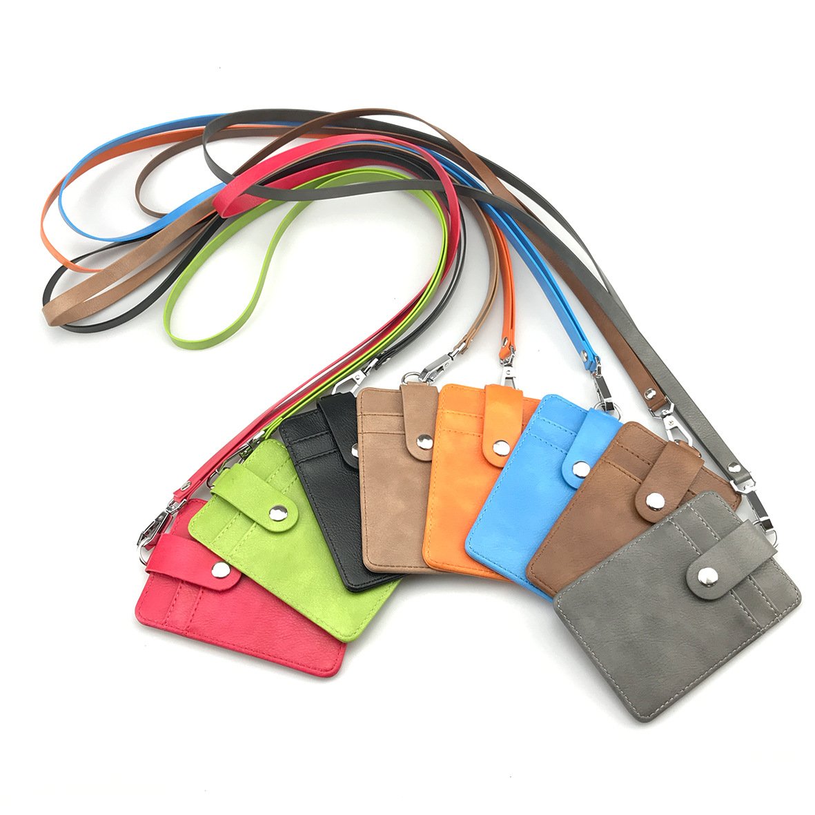 Custom Logo Lambskin PU Leather Thin Business ID Badge Job Neck Lanyard Card Holder for Working