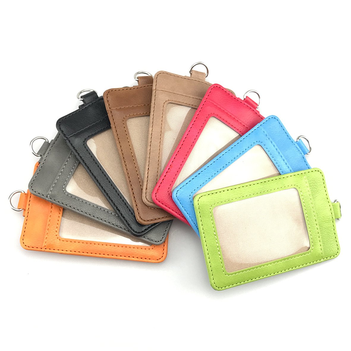 Custom Logo Lambskin PU Leather Thin Business ID Badge Job Neck Lanyard Card Holder for Working