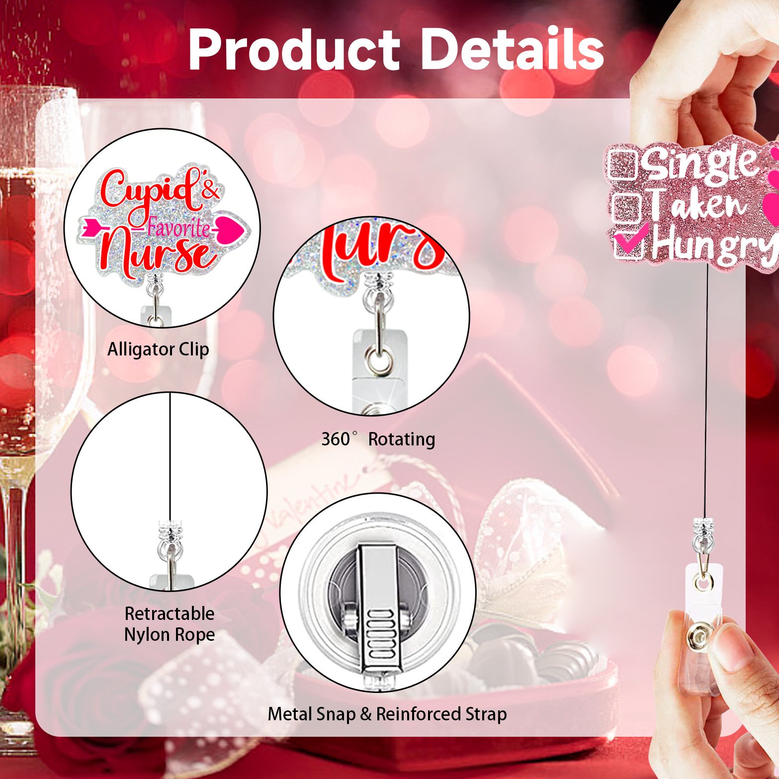 Acrylic Valentine's Day Plastic Retractable Badge Reel ID Card Holder for Teachers and Nurses ID Accessories