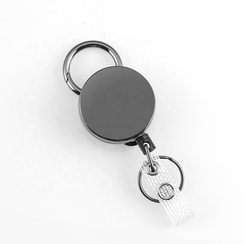 Wholesale metal black Retractable steel Wire Rope Badge Reel Holder Keychain