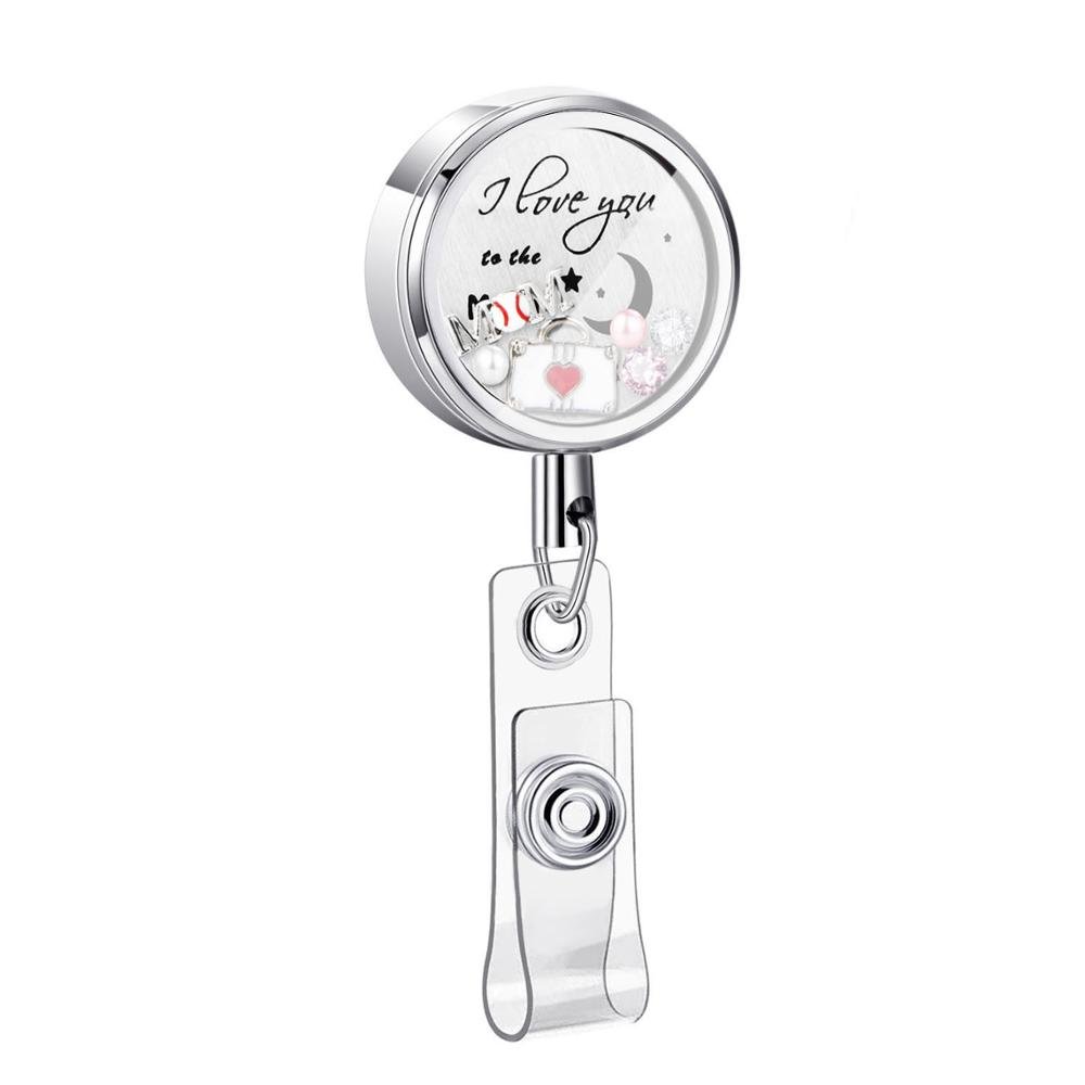 Fashion Stainless Steel Floating Charm Rhinestone Memory Locket Retractable ID Badge Holder for Doctor Nurse