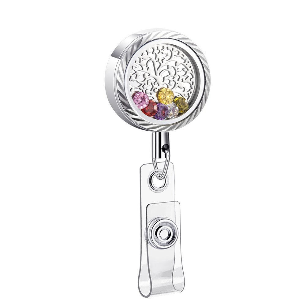 Fashion Stainless Steel Floating Charm Rhinestone Memory Locket Retractable ID Badge Holder for Doctor Nurse