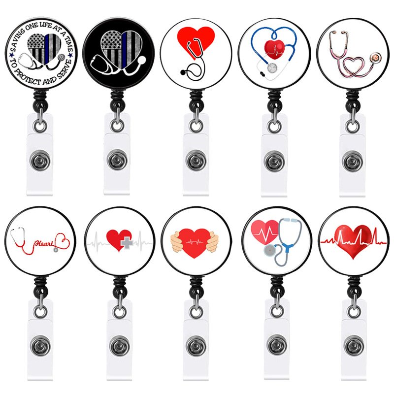 ID Clip Rotatable Glitter Bling Multi Color Heart Shape Retractable Badge Reel Holder for Nurse Doctor Office Name Card