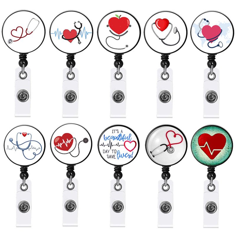 ID Clip Rotatable Glitter Bling Multi Color Heart Shape Retractable Badge Reel Holder for Nurse Doctor Office Name Card