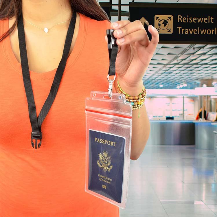 Custom Logo Waterproof Clear Plastic Travel Cruise ID Card Holder Resealable PVC Passport Cover with Stylish Lanyards