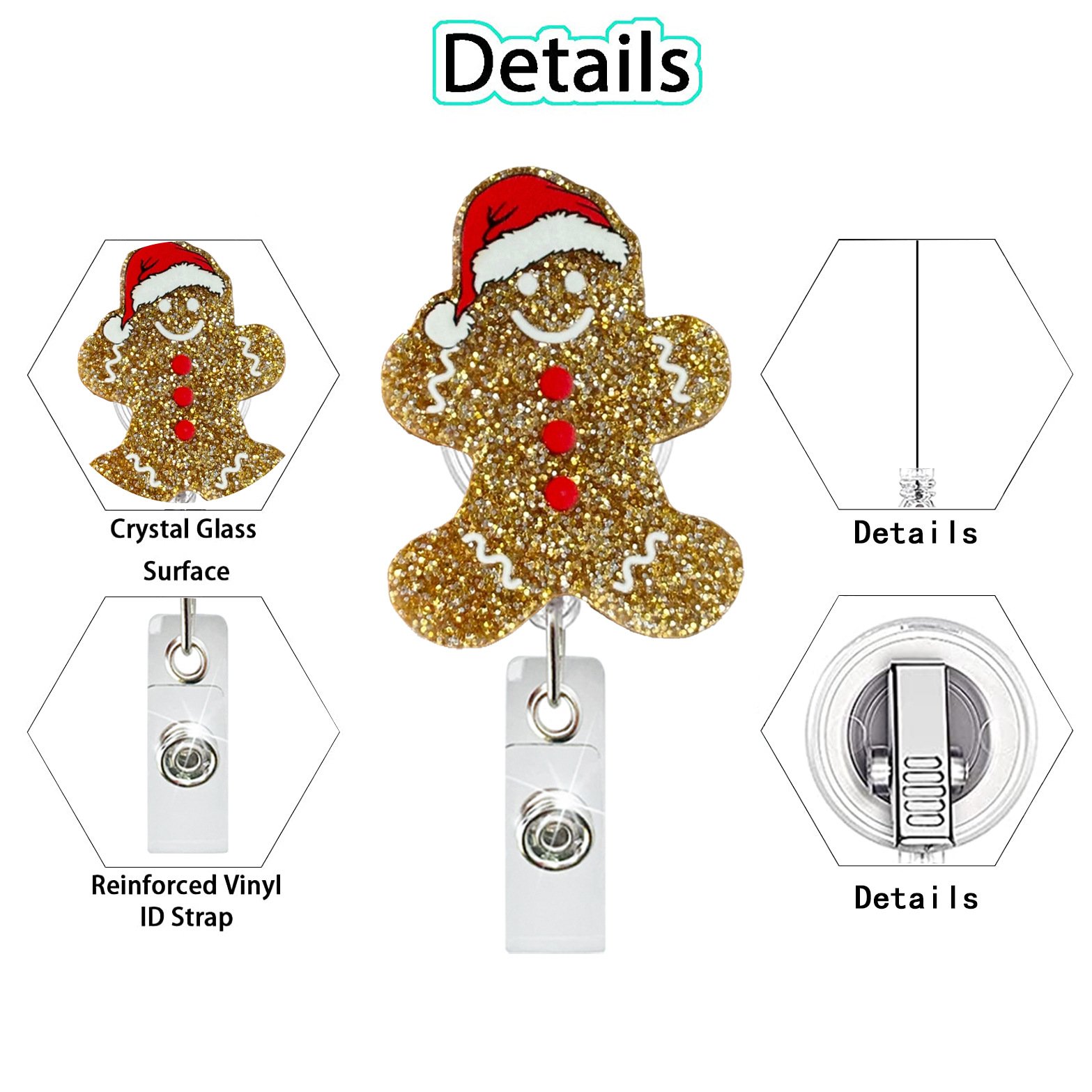 A-025 New Christmas Gingerbread Man Glitter Acrylic Nurse Badge Reel Retractable Badge Clip with Rotating Alligator Back Clip