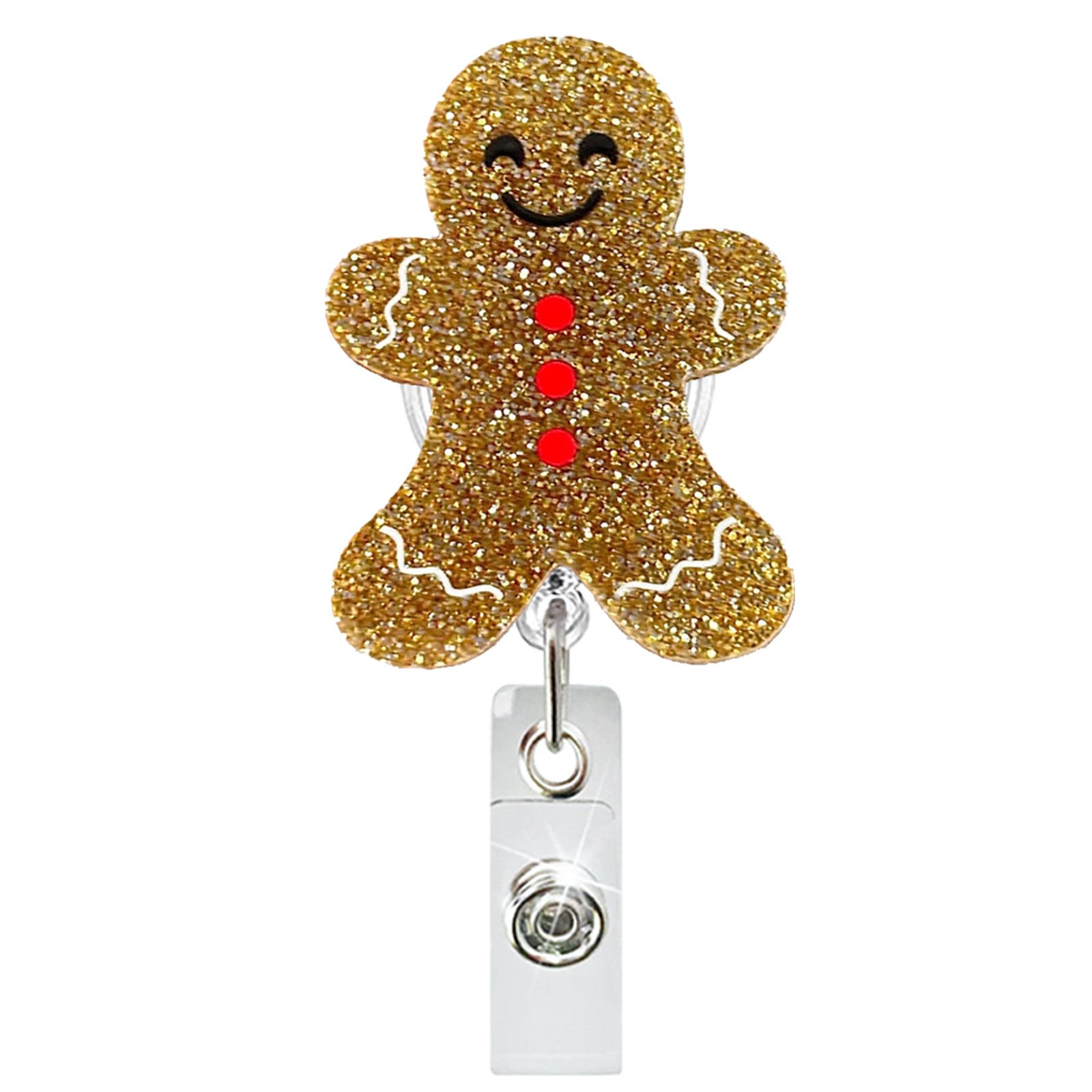 A-025 New Christmas Gingerbread Man Glitter Acrylic Nurse Badge Reel Retractable Badge Clip with Rotating Alligator Back Clip