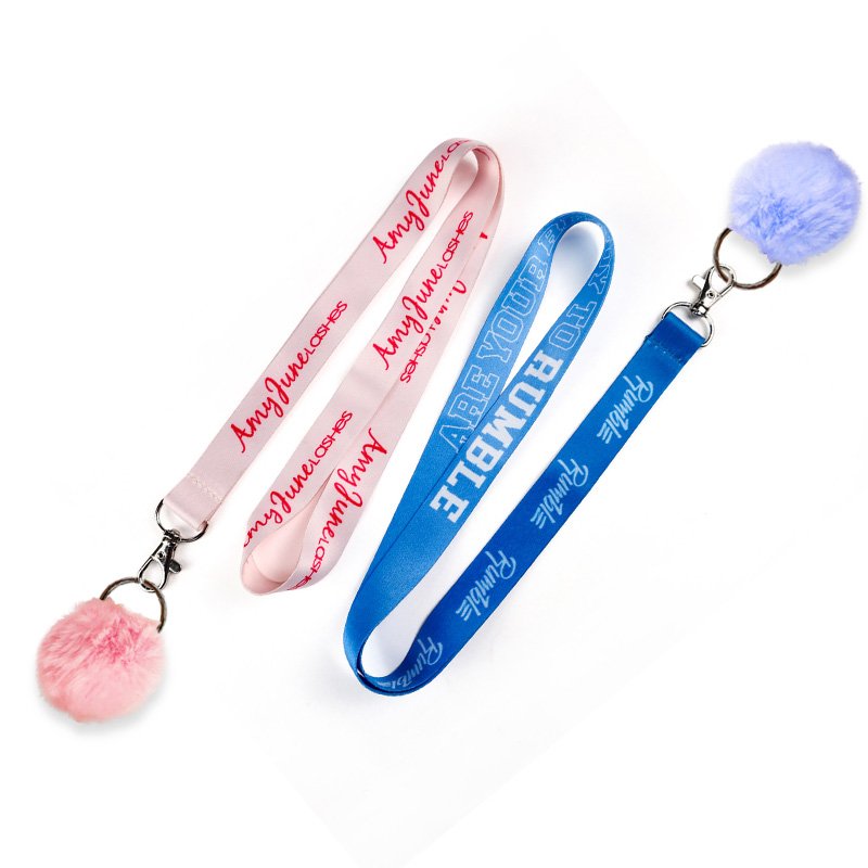 Wholesale designer pom pom ball keychain lanyard printed id badge holder lanyard with logo custom