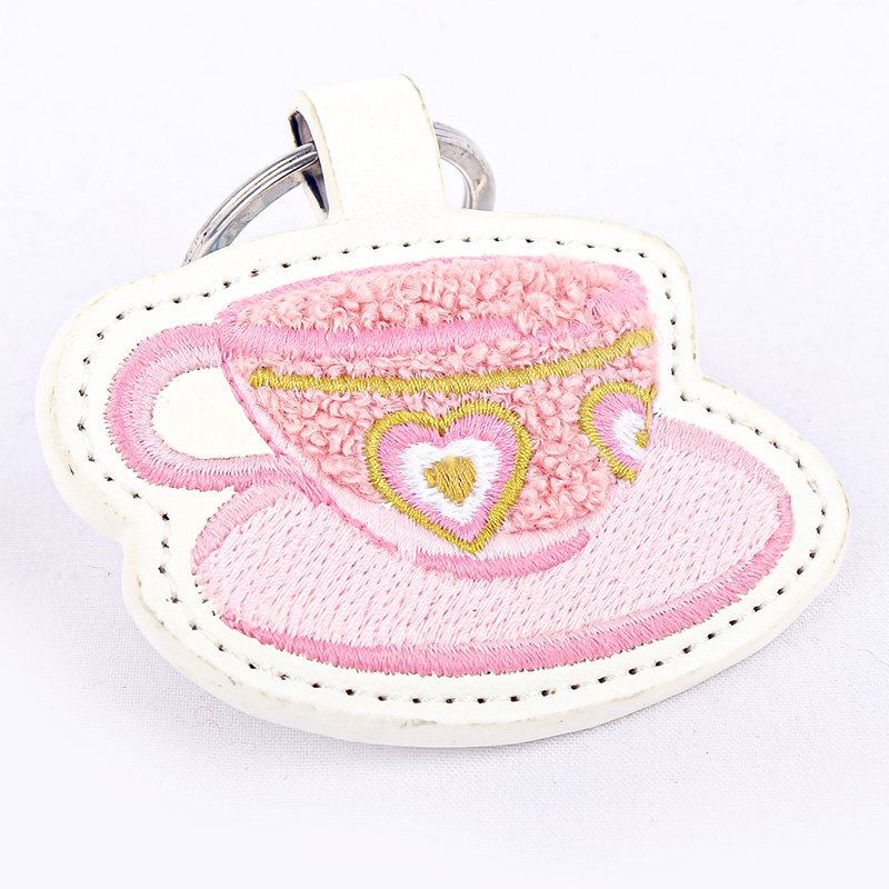 Coffee Key Chain Wholesale Custom Pink Embroidery Cartoon Logo Holder Cute PU Leather Keychain Charms for Woman Girl
