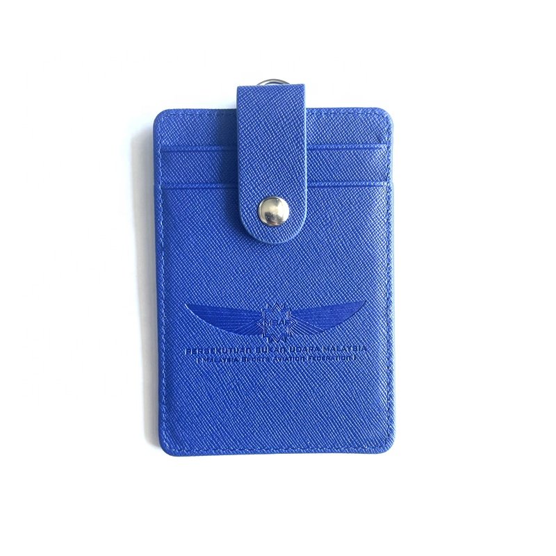 Custom LOGO embossed Premium Durable PU Leather ID Badge plastic id Card Holder badge With Double Stitches Neck Straps Lanyards