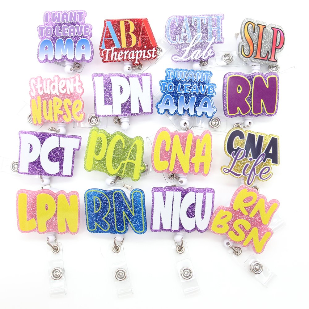 Custom Design Glitter Letter RN Acrylic Medical Series Nurse Badge Reel Holder ID Name Card Holder Retractable Nurse Accessories