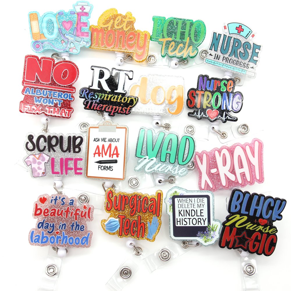 Custom Design Glitter Letter RN Acrylic Medical Series Nurse Badge Reel Holder ID Name Card Holder Retractable Nurse Accessories