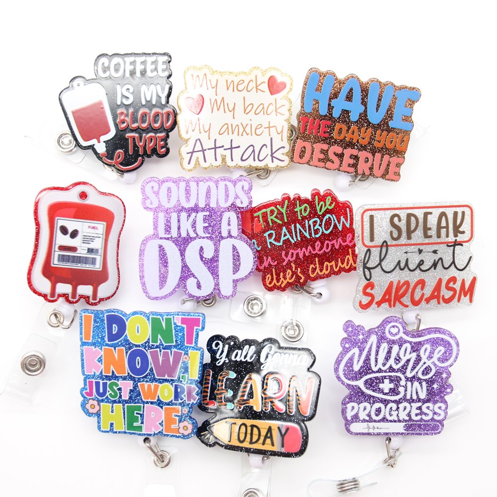 Custom Design Glitter Letter RN Acrylic Medical Series Nurse Badge Reel Holder ID Name Card Holder Retractable Nurse Accessories