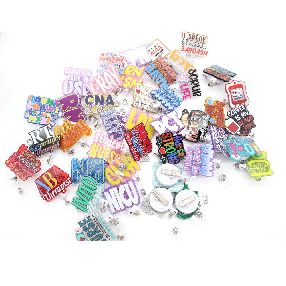 Custom Design Glitter Letter RN Acrylic Medical Series Nurse Badge Reel Holder ID Name Card Holder Retractable Nurse Accessories