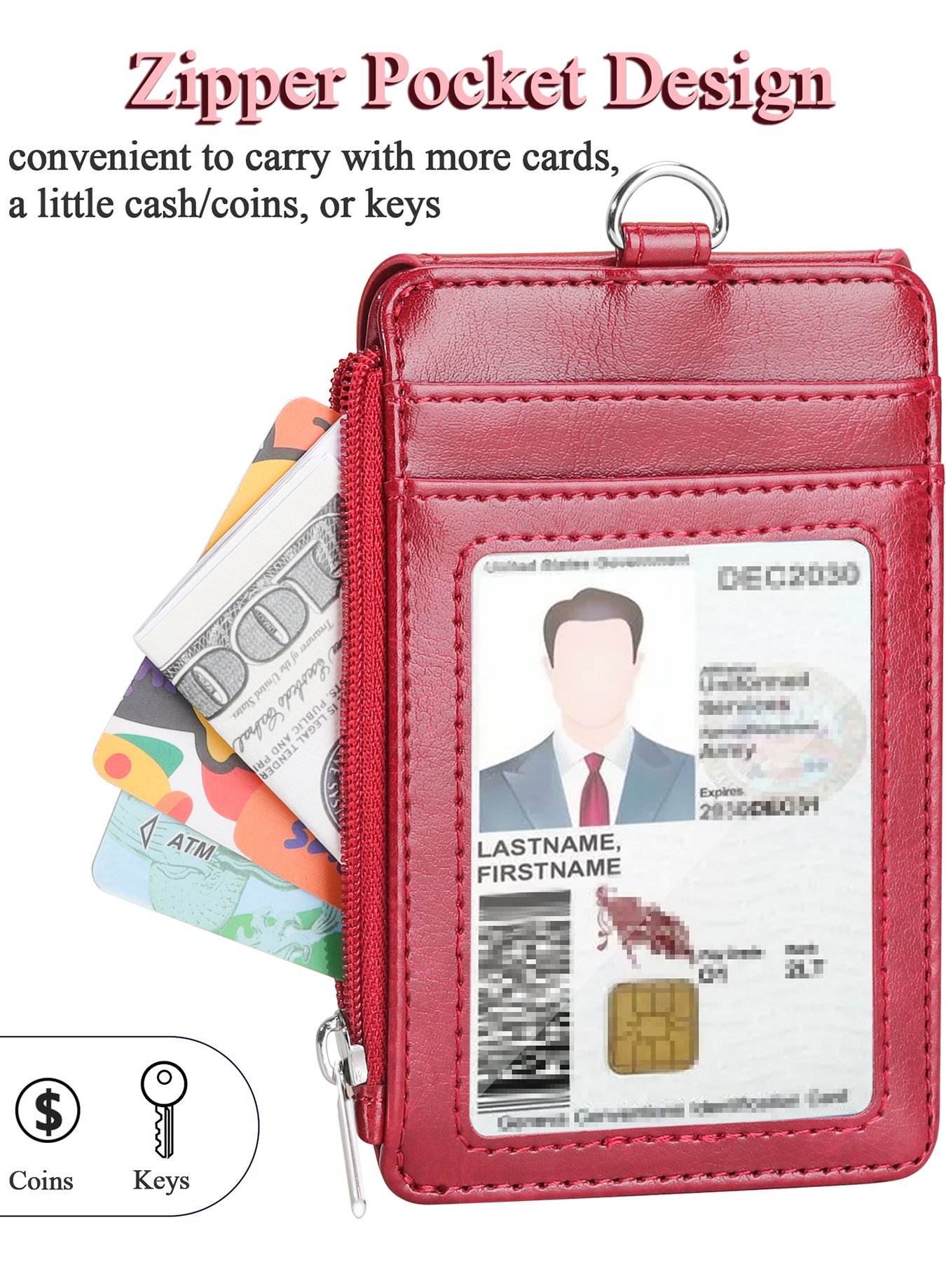 PU Leather badge holder Custom Name ID Card Holder with Side Zip Pocket Vertical Horizontal with lanyard for Women &men Teachers