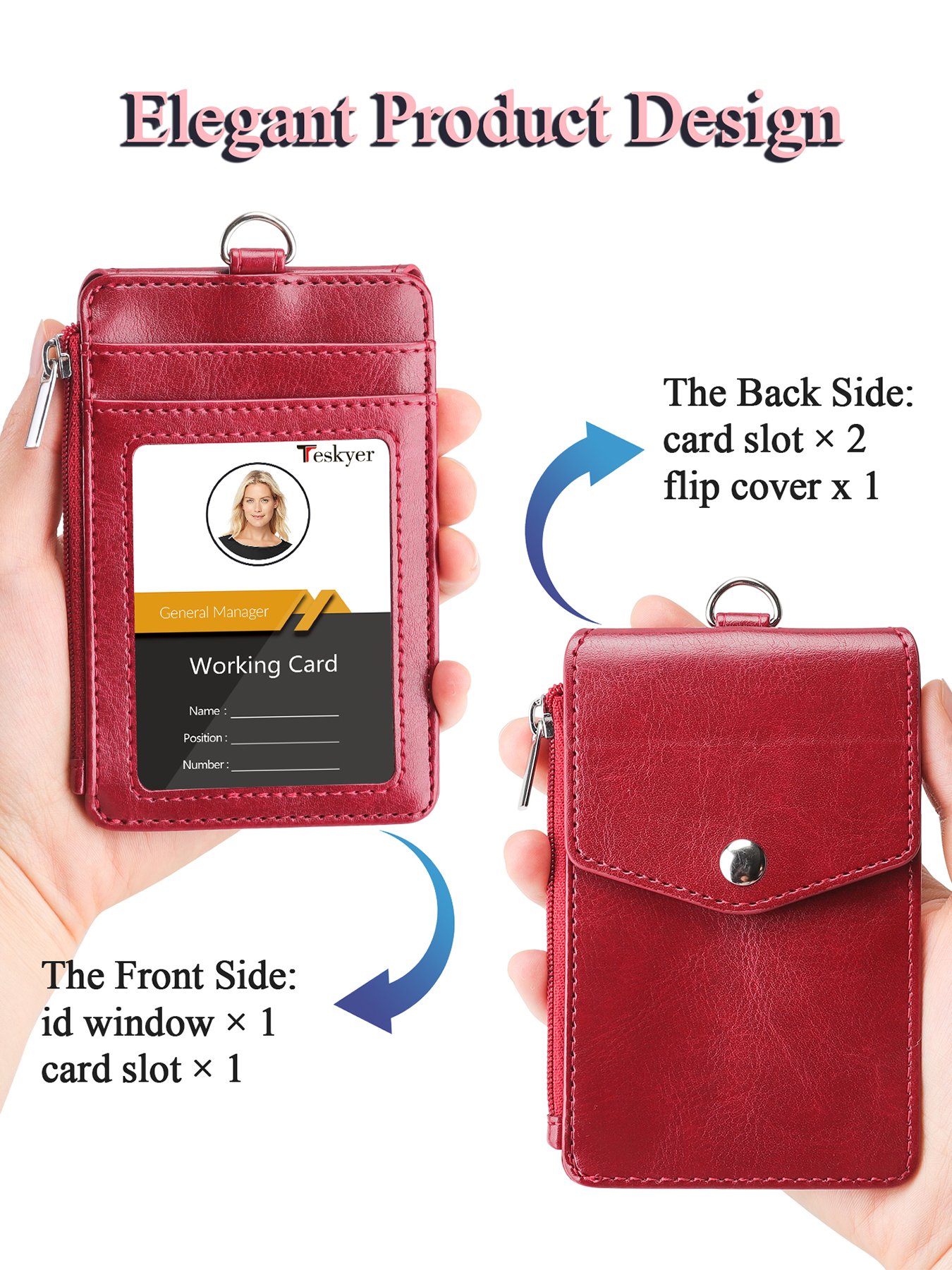 PU Leather badge holder Custom Name ID Card Holder with Side Zip Pocket Vertical Horizontal with lanyard for Women &men Teachers