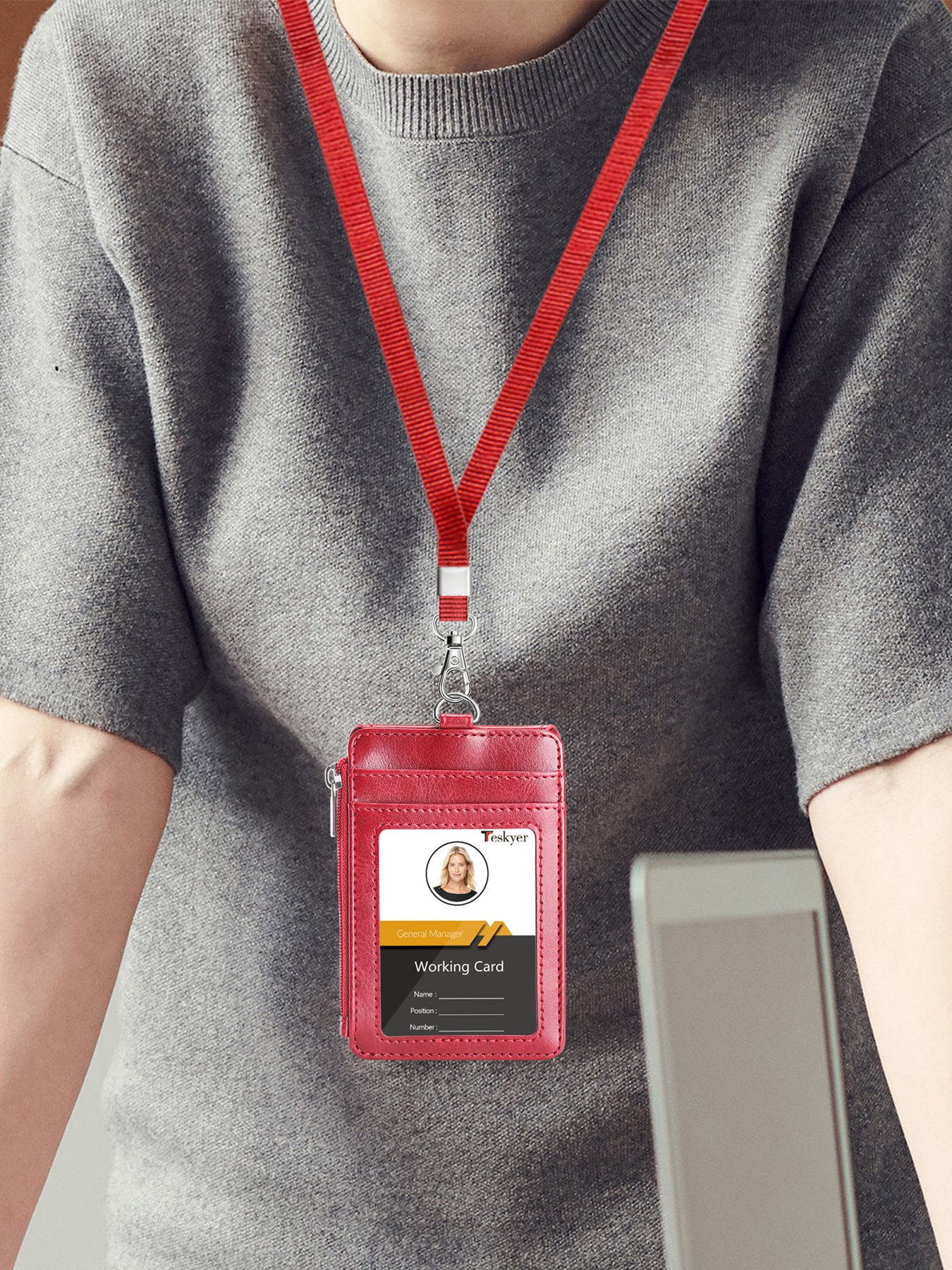 PU Leather badge holder Custom Name ID Card Holder with Side Zip Pocket Vertical Horizontal with lanyard for Women &men Teachers