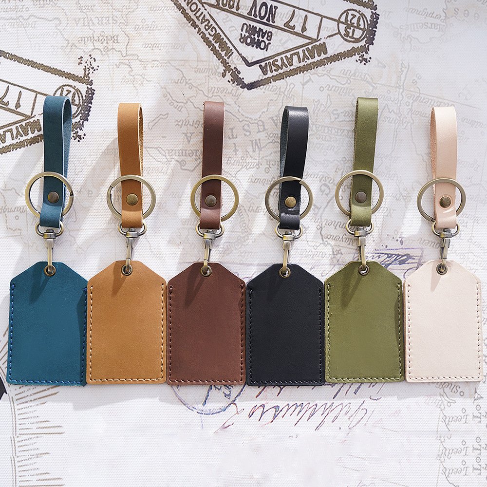 Handmade Genuine Leather Card Holder Crazy Horse Badge Holders With Keychain Cards Wallet