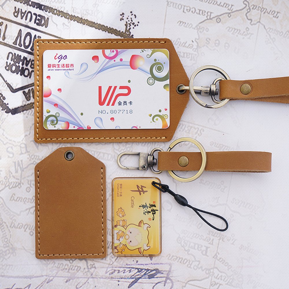 Handmade Genuine Leather Card Holder Crazy Horse Badge Holders With Keychain Cards Wallet