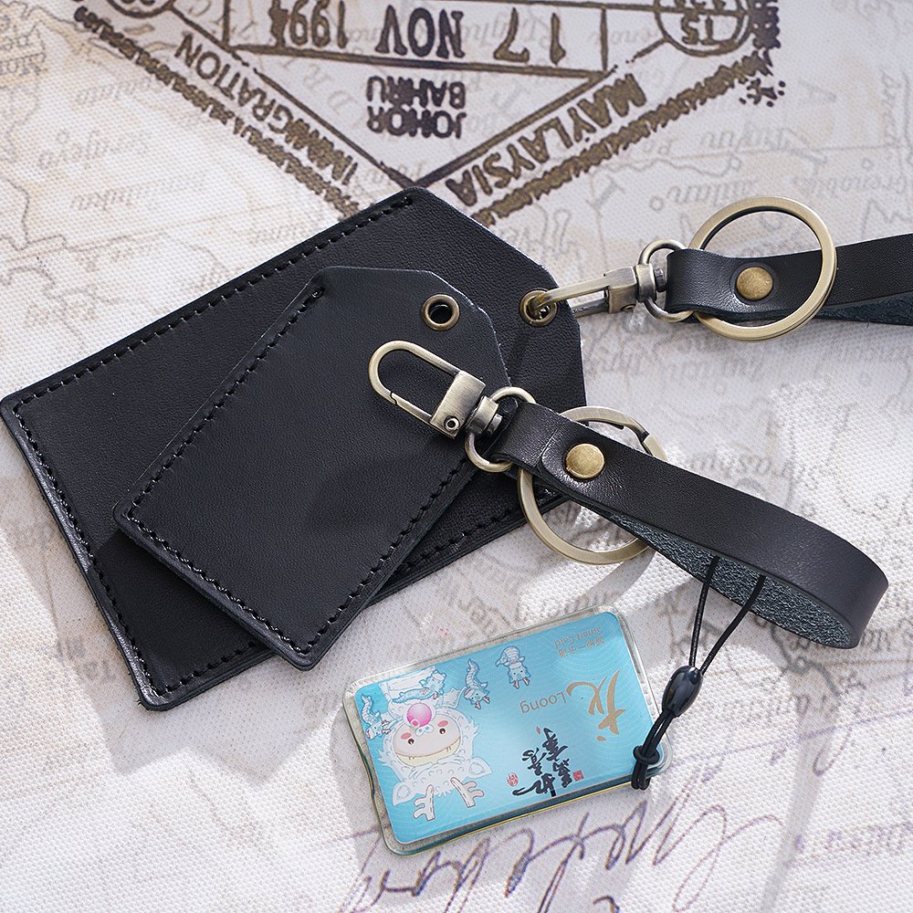 Handmade Genuine Leather Card Holder Crazy Horse Badge Holders With Keychain Cards Wallet