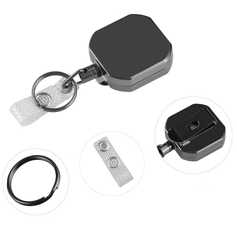 Pullther heavy-duty square retractable badge holder scroll metal ID holder business card keychain ID badge holder and lanyard