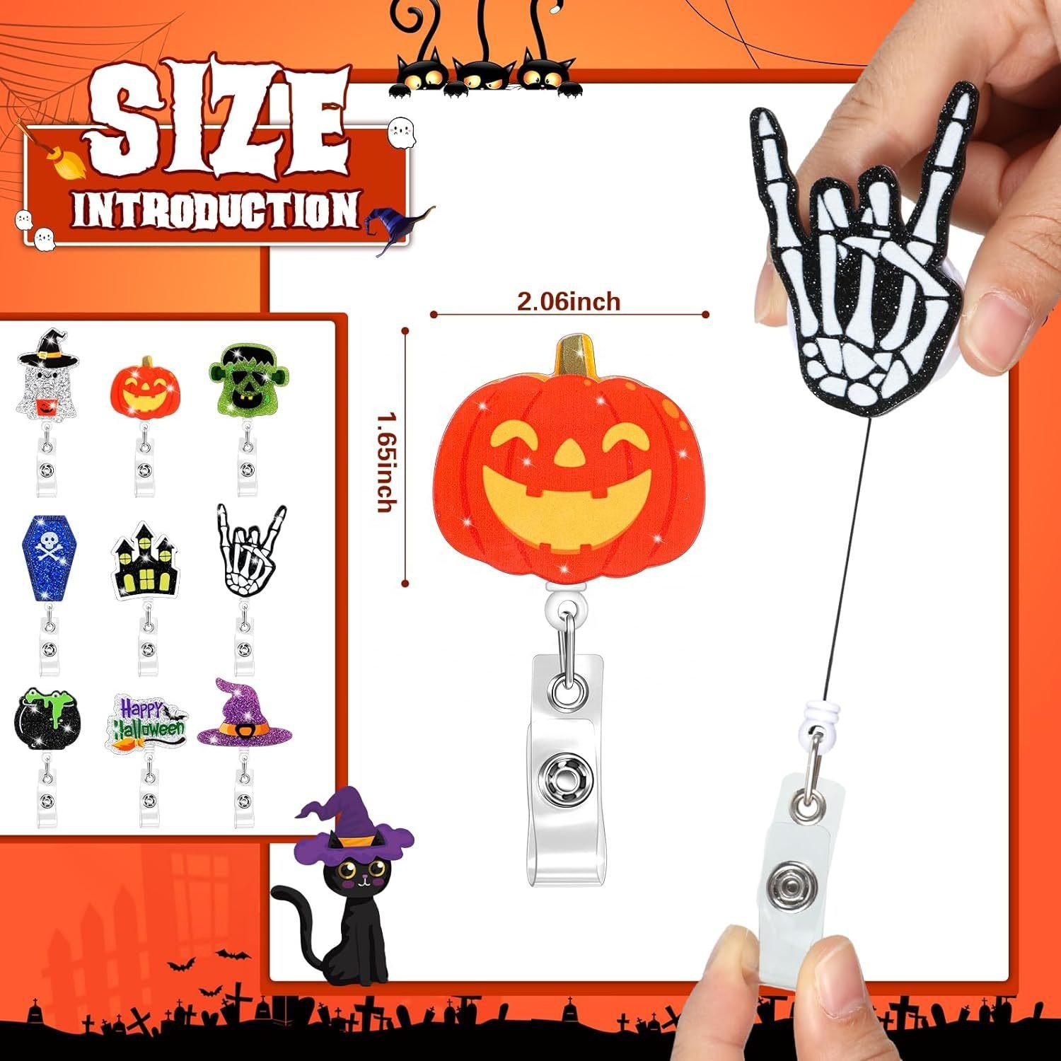 Wholesale Ghost Pumpkin Bat skeleton Halloween Felt Badge Reel Nurse ID Card Holder Retractable Badge Reels