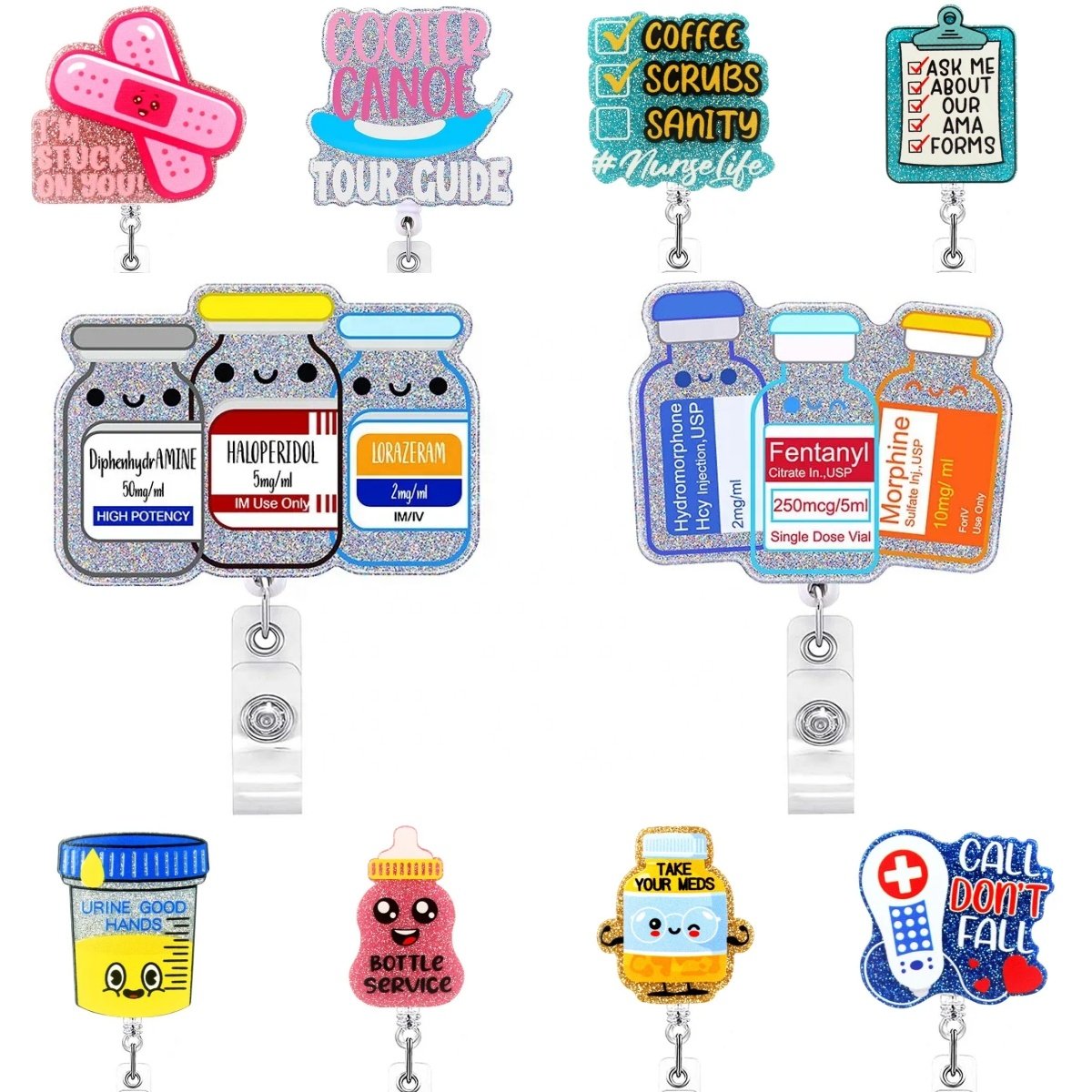 Wholesale Custom Nurse Acrylic Pill Medicine Bottle Badge Reel URINE GOOD HANDS Badge Holder