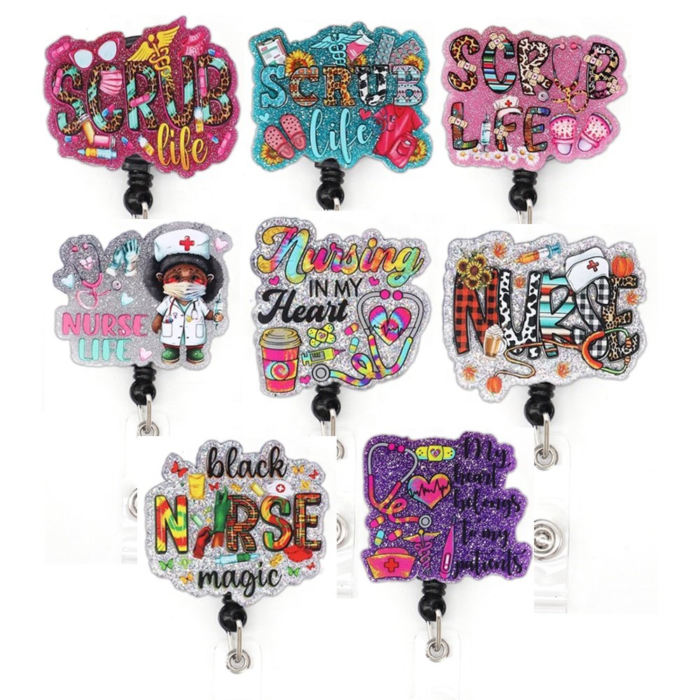 Wholesale Mix Style Acrylic Glitter Badge Reel Nursing Scrub Life Nurse Accessories Retractable Badges Card Uniform Gifts