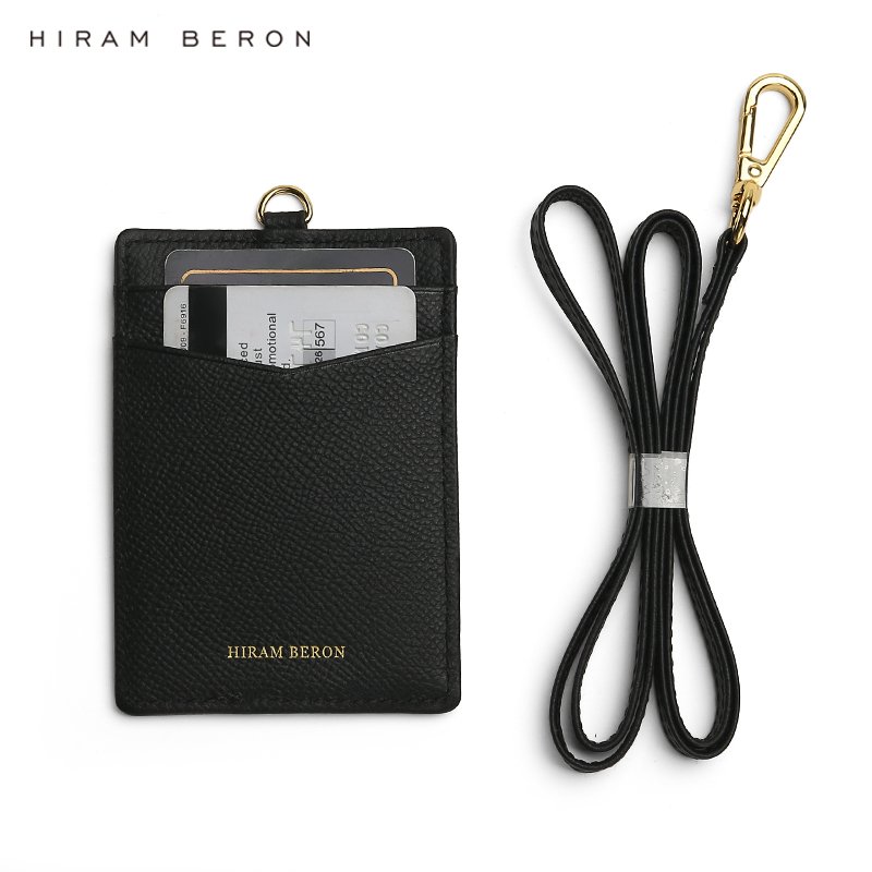 Hiram Beron Italian cow leather Staff ID Card Badge Holder black card holder with string