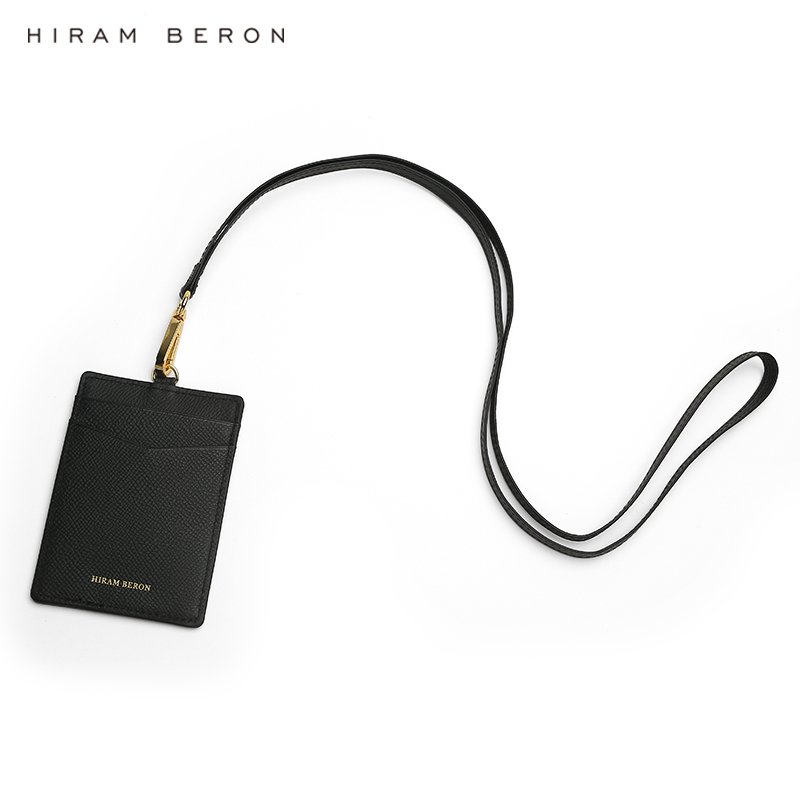 Hiram Beron Italian cow leather Staff ID Card Badge Holder black card holder with string