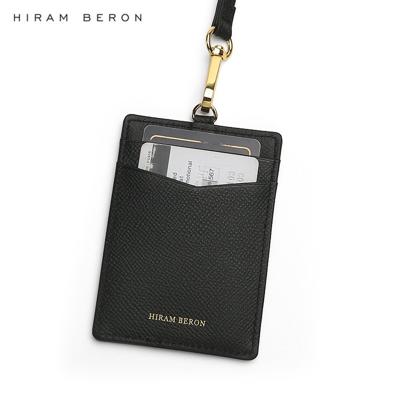 Hiram Beron Italian cow leather Staff ID Card Badge Holder black card holder with string