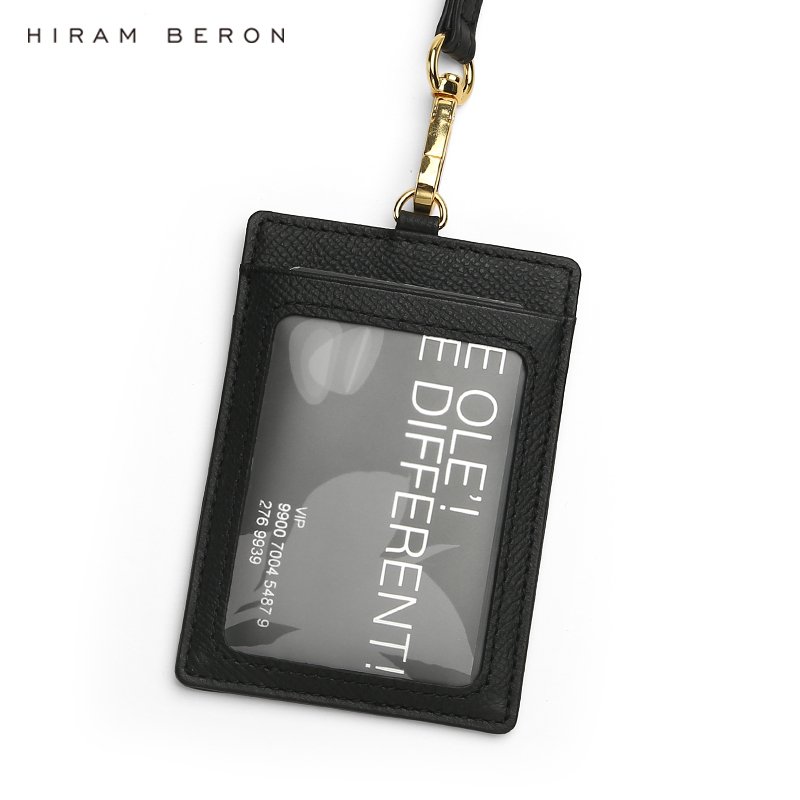 Hiram Beron Italian cow leather Staff ID Card Badge Holder black card holder with string