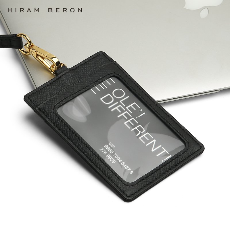 Hiram Beron Italian cow leather Staff ID Card Badge Holder black card holder with string