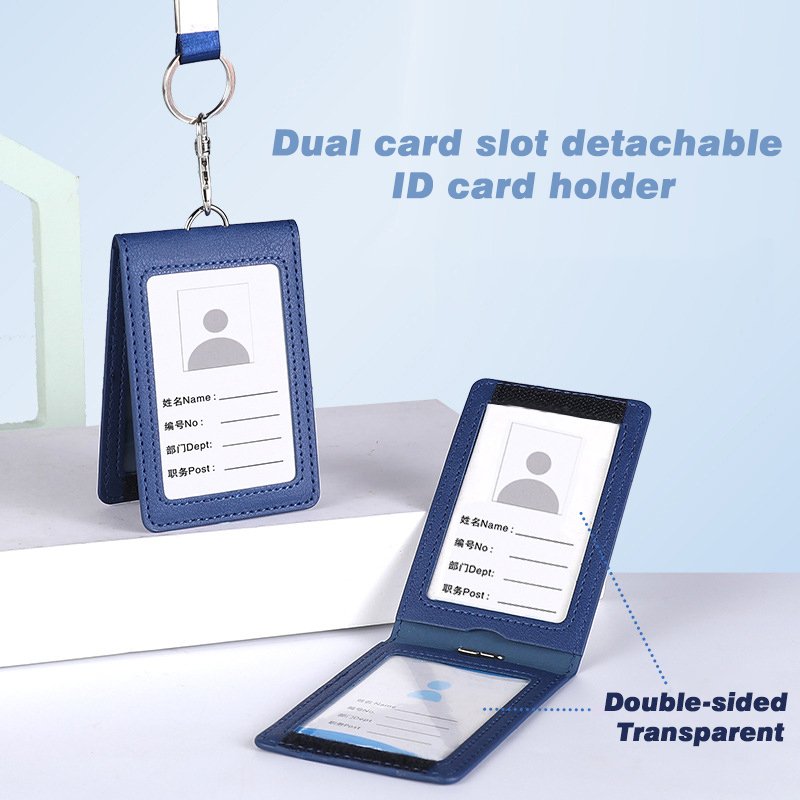Separate Dual Card Slot Work ID Card Holder Folding ID Holder Employee ID Student School Bus Card Holder with Lanyard