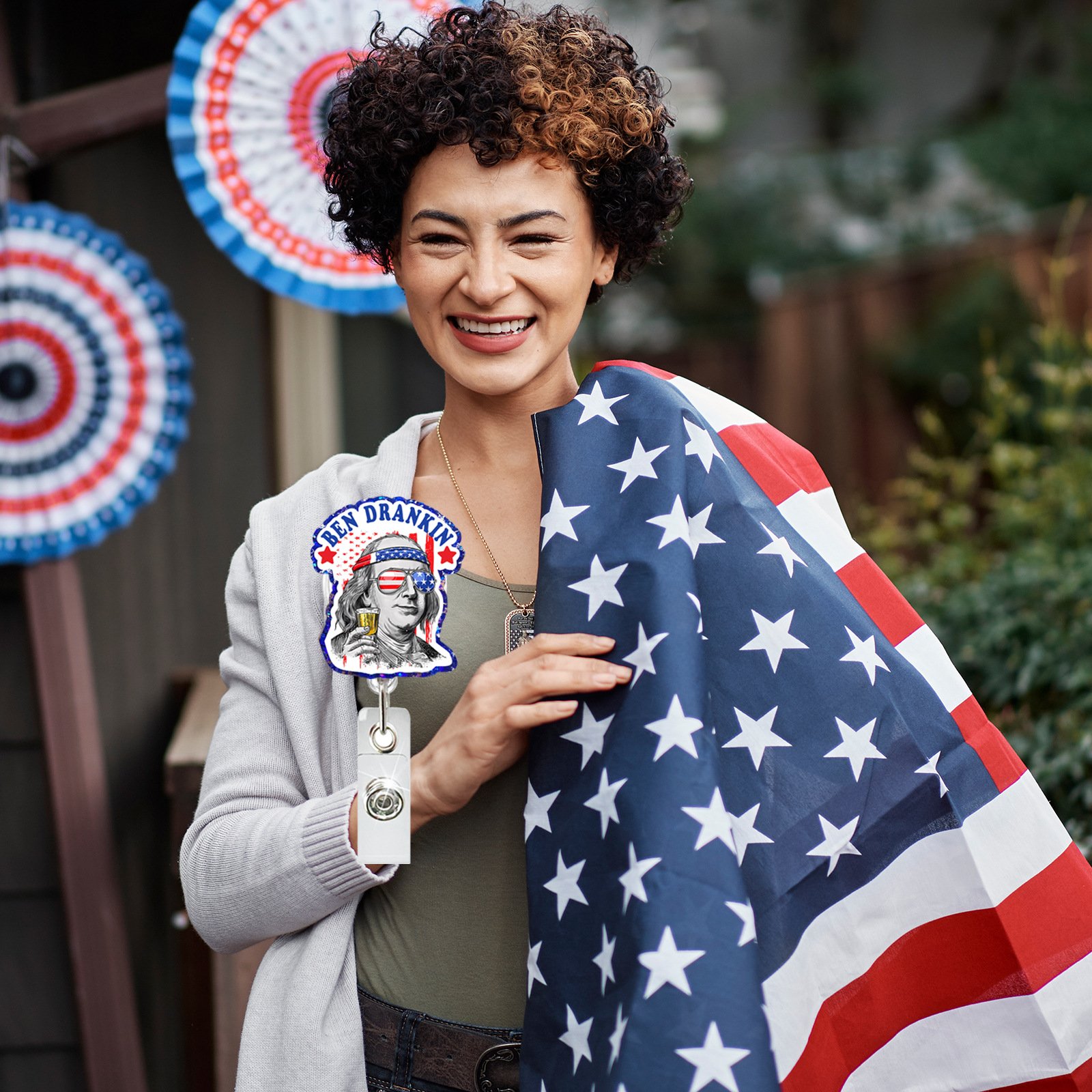 Wholesale Independence Day Patriotism Badge Reel Factory Manufacturer Plastic Acrylic Glitter Badge Holder Clips Nurse Gifts