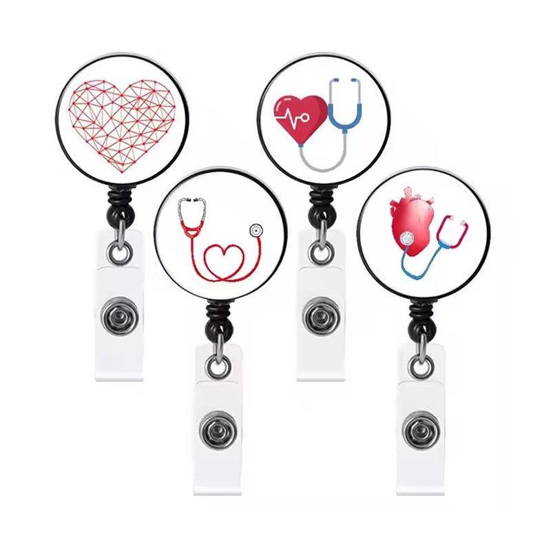 in Stock Medical Series Telescopic Alligator Clip Badge Reel Plastic round Metal Key Chain for Doctors Nurses Rotating Design
