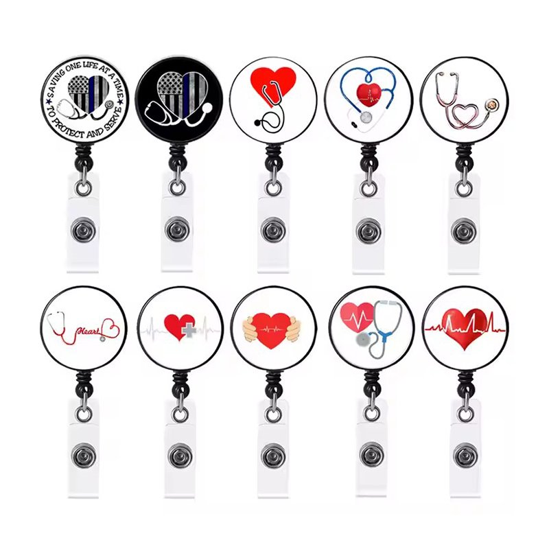 in Stock Medical Series Telescopic Alligator Clip Badge Reel Plastic round Metal Key Chain for Doctors Nurses Rotating Design