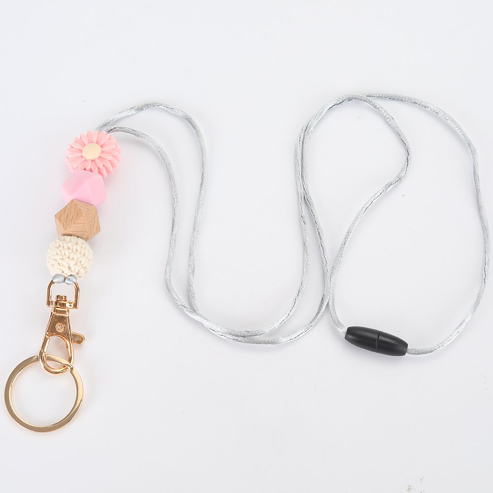 Low MOQ Daisy Silicone Bead Keys ID Card Holder Lanyard For Teacher Gift Wood Beaded Breakaway Lanyards