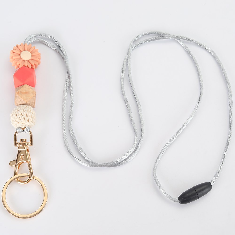 Low MOQ Daisy Silicone Bead Keys ID Card Holder Lanyard For Teacher Gift Wood Beaded Breakaway Lanyards