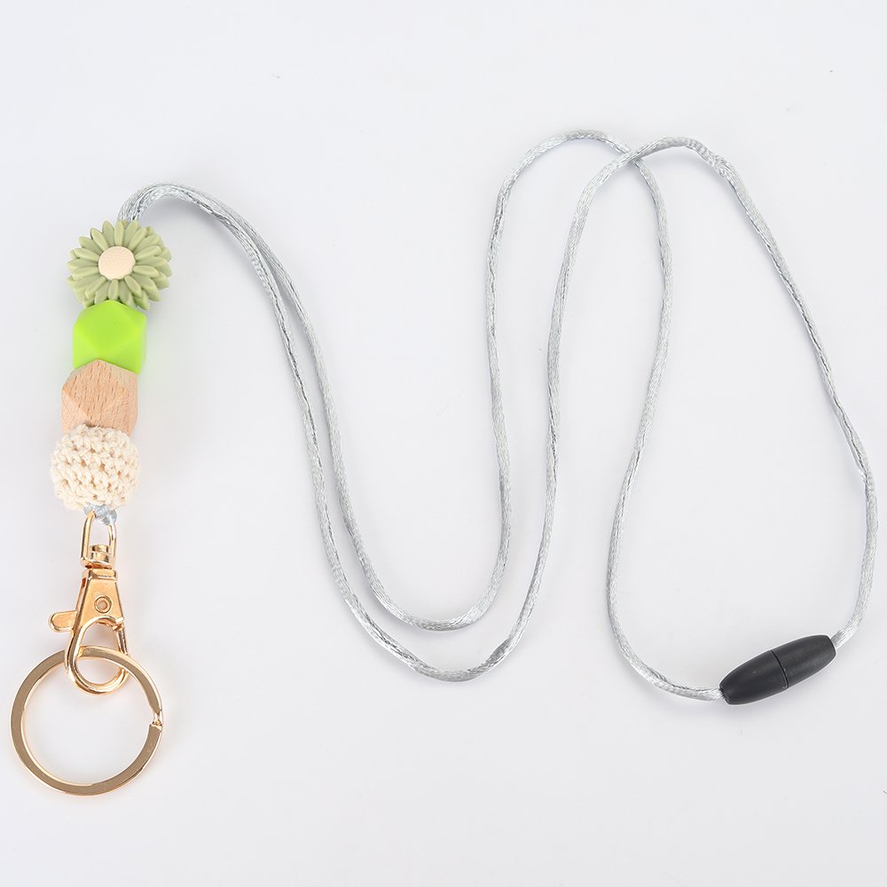 Low MOQ Daisy Silicone Bead Keys ID Card Holder Lanyard For Teacher Gift Wood Beaded Breakaway Lanyards