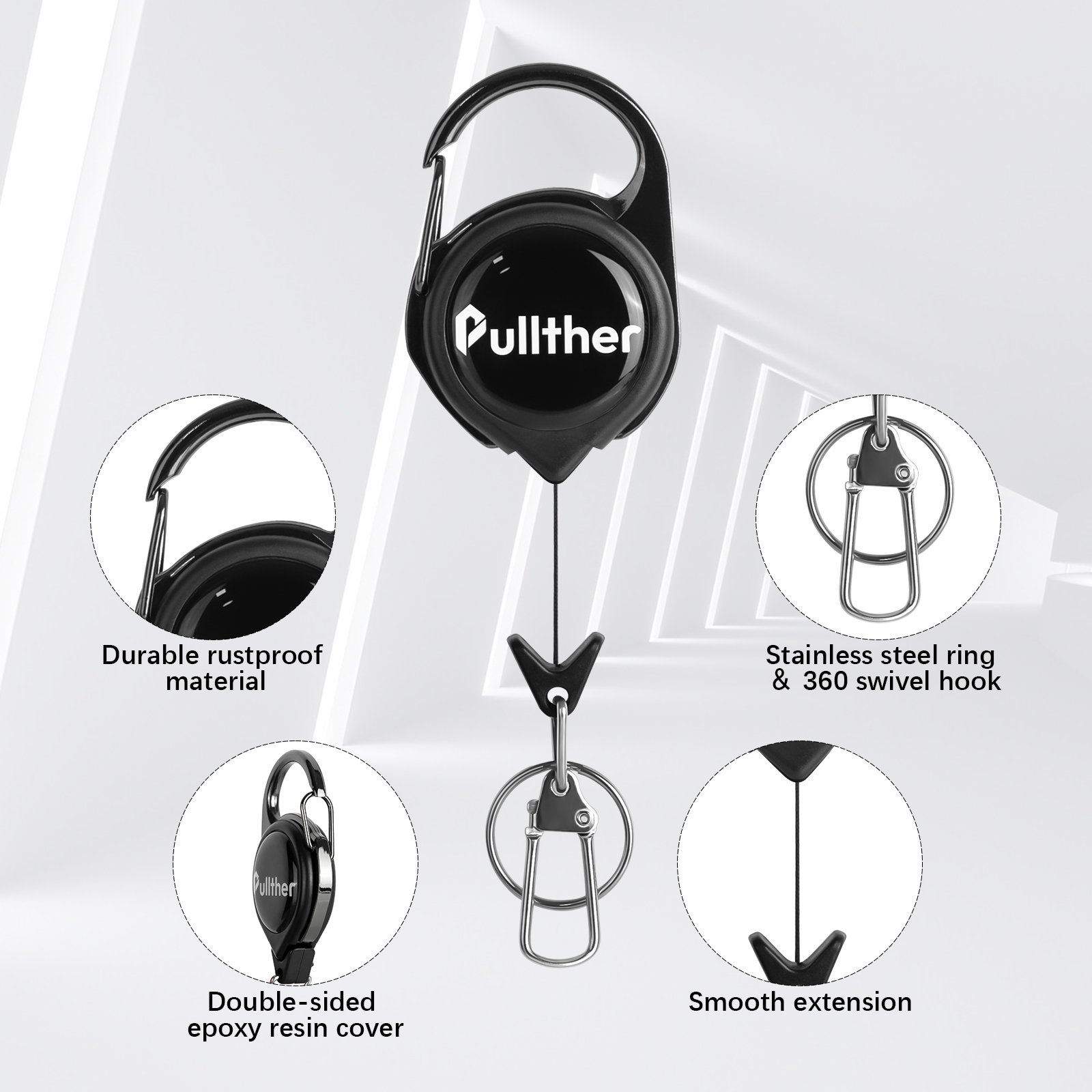Heavy Duty Cheap ID Retractable Pull Badge Reel Holder With Lanyard Metal ID Badge Reel with Clip & Key Ring
