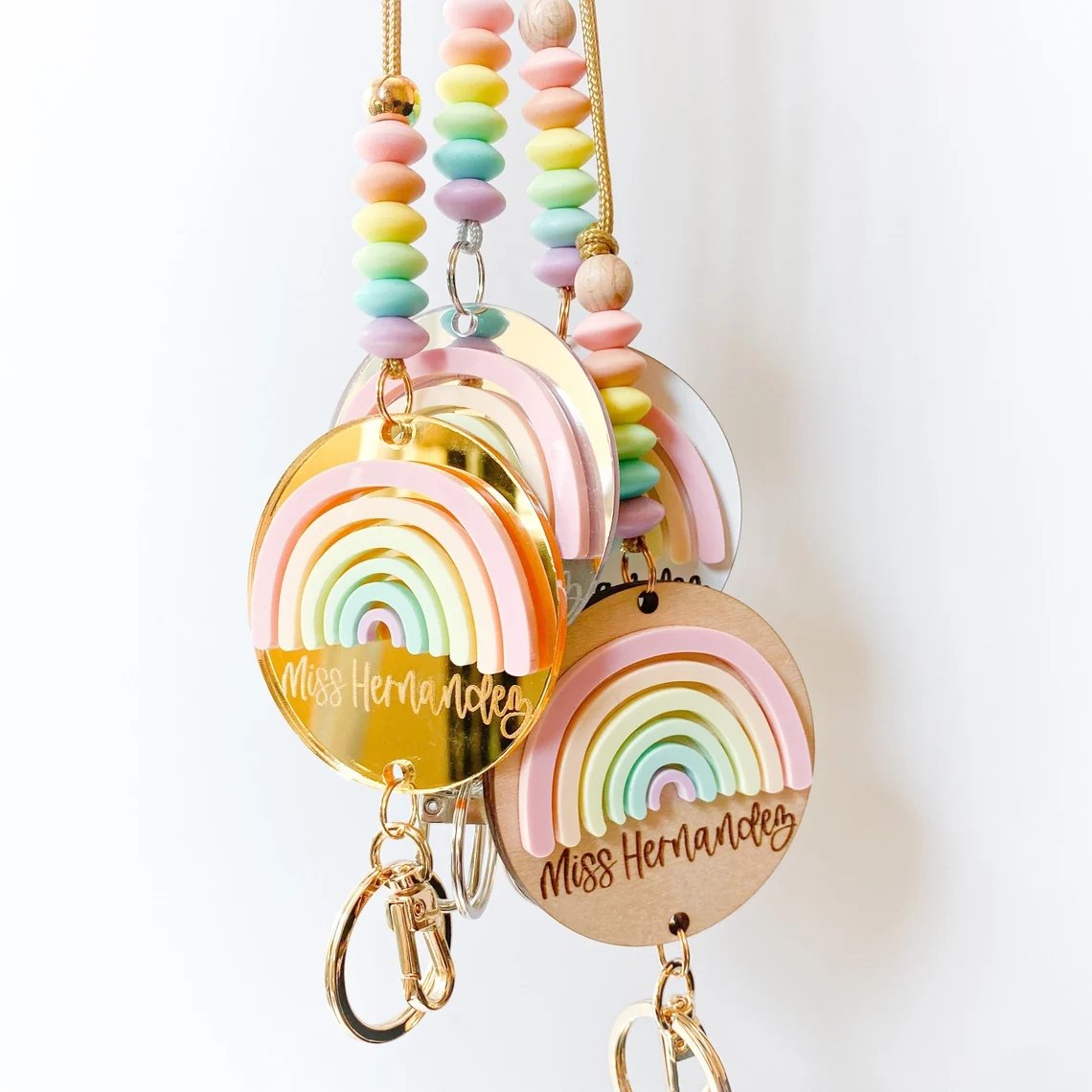 Custom Teacher Rainbow Lanyard Personalized Monogram Acrylic wooden chip Badge Nurse Gift Beaded Lanyard Boho charm Accessory