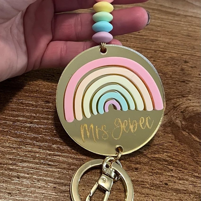 Custom Teacher Rainbow Lanyard Personalized Monogram Acrylic wooden chip Badge Nurse Gift Beaded Lanyard Boho charm Accessory