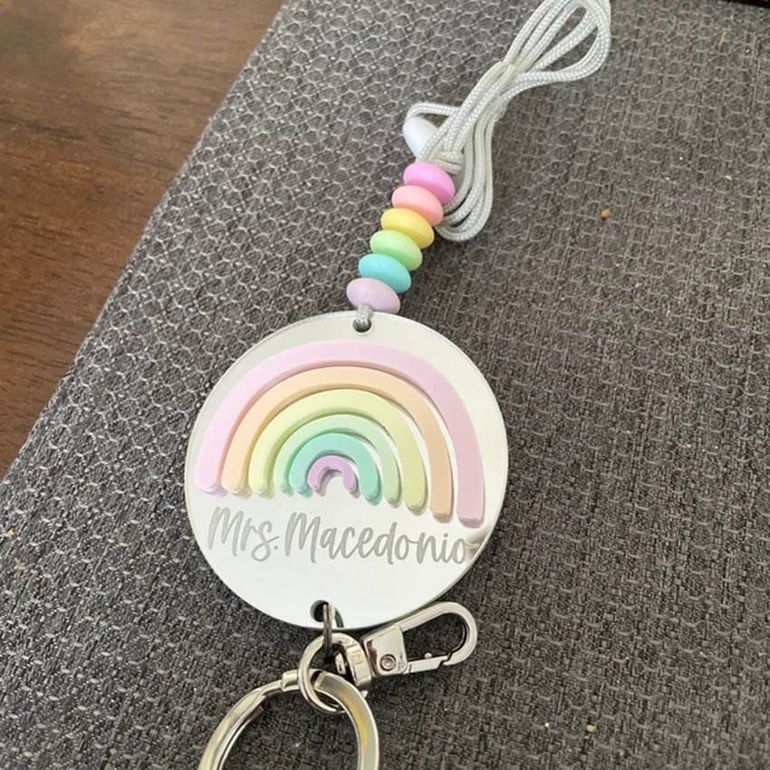 Custom Teacher Rainbow Lanyard Personalized Monogram Acrylic wooden chip Badge Nurse Gift Beaded Lanyard Boho charm Accessory