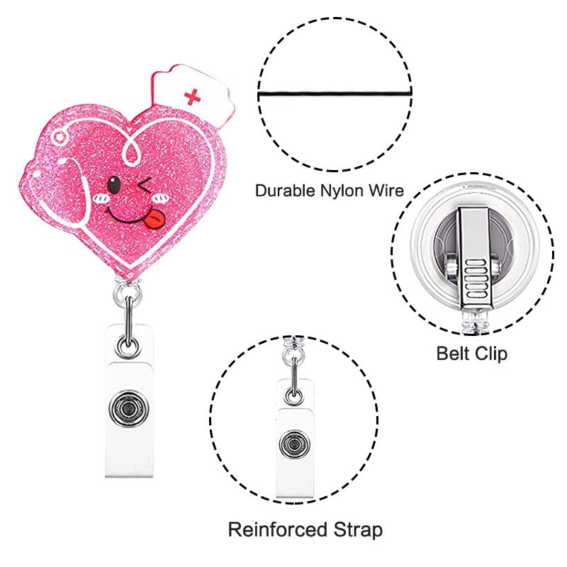 Nurse Accessories Red heart Acrylic Pink Scrub Life Uterus Syringe Badge Reel Nurse Day Ambulance Badge Holder with Glitter
