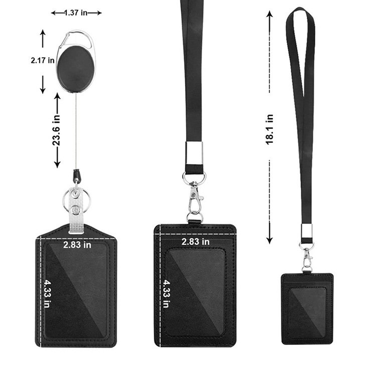 Office ID card Retractable Lanyard Badge Holder black PU leather ID Card Holder