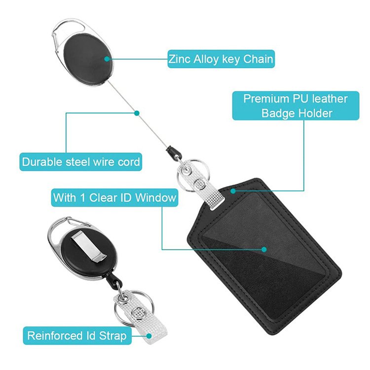 Office ID card Retractable Lanyard Badge Holder black PU leather ID Card Holder