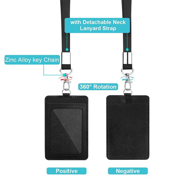 Office ID card Retractable Lanyard Badge Holder black PU leather ID Card Holder