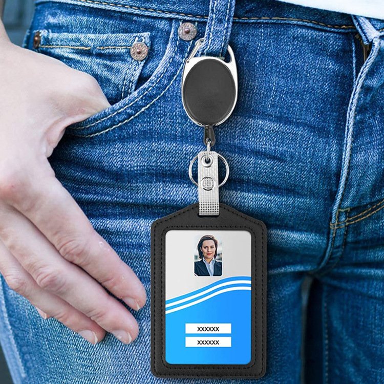 Office ID card Retractable Lanyard Badge Holder black PU leather ID Card Holder