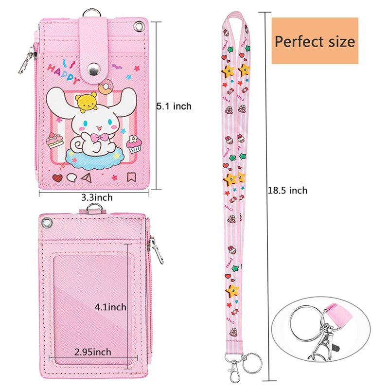 2-Sided 5 Card Slots Zippered Pocket Keychain Cinnamoroll Dog PU Leather ID Card Wallet Vertical Badge Holder
